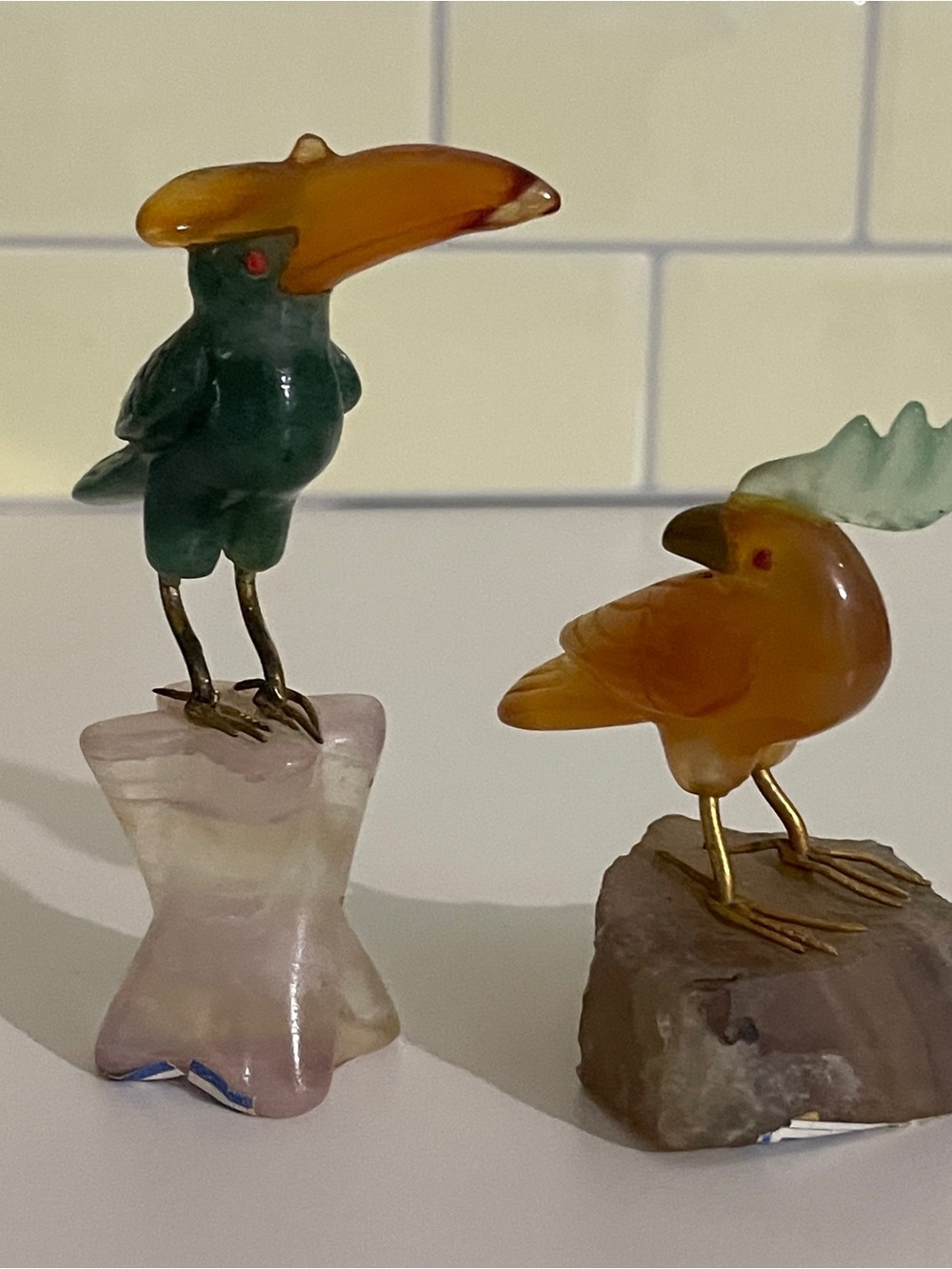 70's chinese semi-precious stone Decorative Bird Figurines - Set of 2